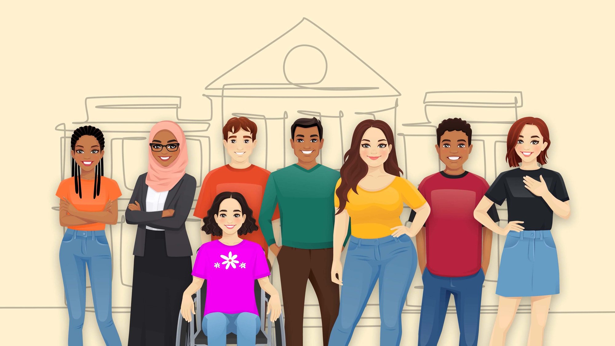 A group of people stands in front of a school building